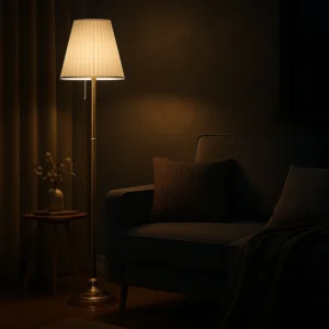 ابجورة طويله ارضيه لون ذهبي بتصميم هادئ وأنيق مع اضاءة فخمة ارتفاع 163 سم